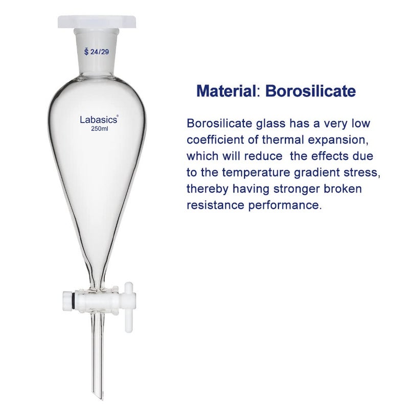 Labasics Conical Separatory Funnel, 250 ml Heavy Wall Borosilicate Glass Separating Funnel with 24/29 Joints and PTFE Stopcock - Image 4